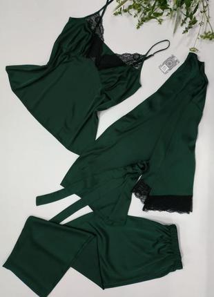 Розкішний шовковий комплект зелений із мереживом на жінку el k...