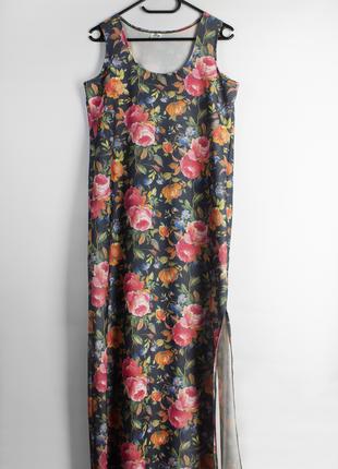 Винтажное платье-макси без рукавов с цветочным принтом и разрезом