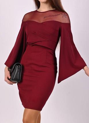 Очень красивое бордовое платье с сеткой и широкими рукавами/ п...