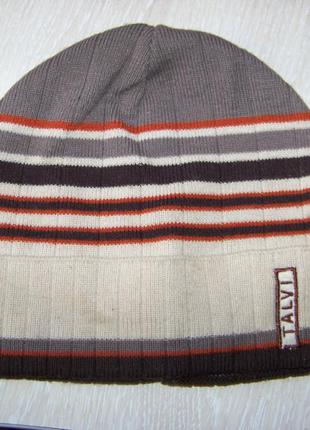 Тонкая полосатая шапка в бежево-коричневых тонах на 6-8 лет talvi