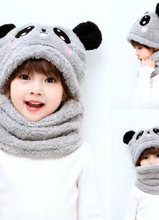 Детский снуд панда с ушками (мишка) теплая шапка-шарф 2 в 1 (з...