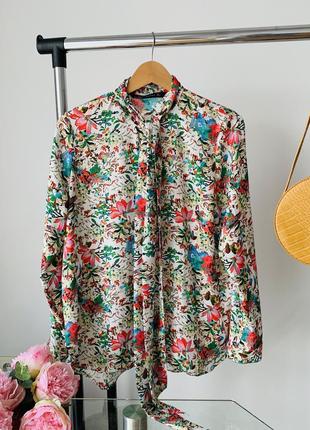 Рубашка блузка цветочный принт зара завязка на шее