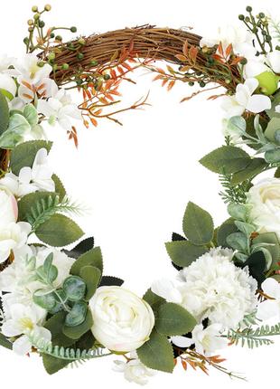 Декоративный венок из роз, гвоздик и лютиков, 43см, цвет - белый