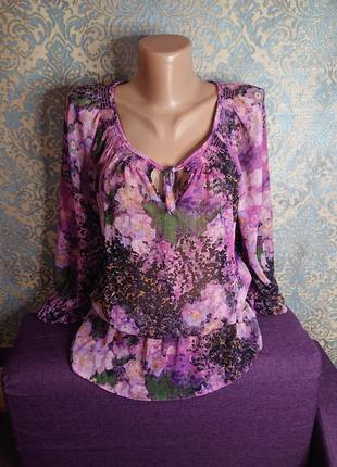 Красивая лиловая шифоновая блуза в цветы блузка блузочка разме...