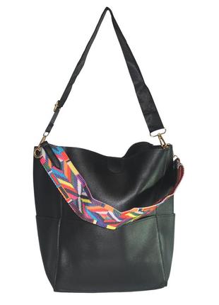 Женская сумка хобо с разноцветным ремнем 01537780709975black ч...