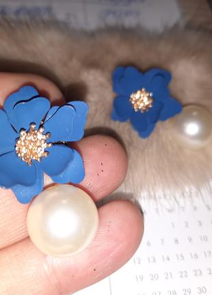 Серьги сережки гвоздики голубая эмаль цветочки металлические и...