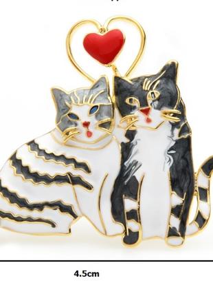 Брошь брошка эмаль влюбленные коты пара кошка сердце любовь по...