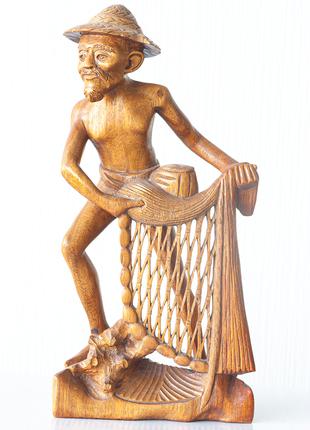 Статуэтка рыбака, рыбак с неводом из суарового дерева Индонезия