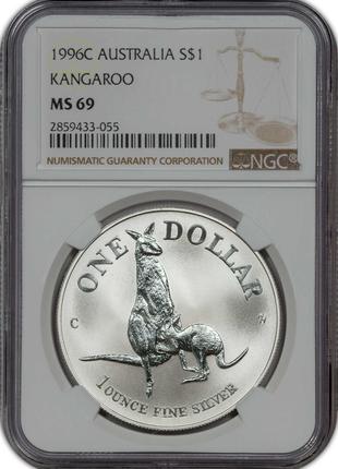 1996 год - 1 oz Серебряная монета AUSTRALIA $1 DOLLAR KANGAROO...