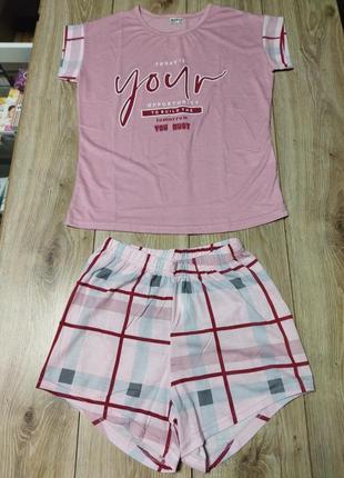 Пижама женская футболка шорты домашний костюм хлопковый розовы...