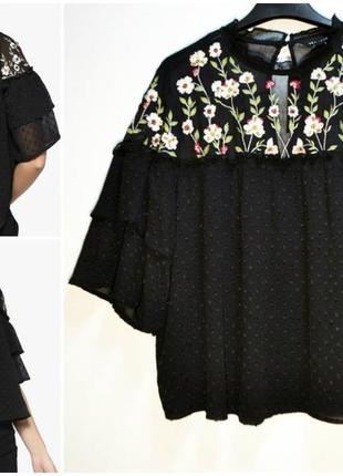 Стильная воздушная черная блуза с вышивкой цветы