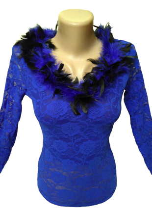 Нарядная синяя гипюровая стрейчевая блуза с перьями basik style