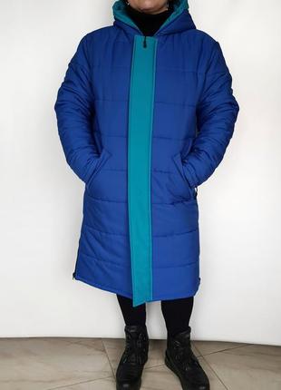 Синяя зимняя стильная женская куртка-пальто на молнии