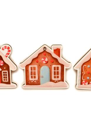 Цветные деревянные ёлочные игрушки пряничный домик набор 3 шт ...