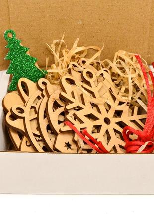 Набор елочных игрушек 10 шт в коробке деревянные новогодние ёл...