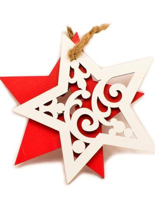 Красно-белая новогодняя елочная игрушка звезда 2 шт деревянное...