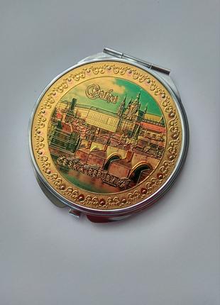 Винтажное  карманное зеркальце с гравировкой, Praga