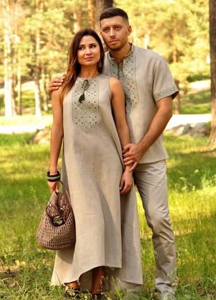 Комплект из натурального льна – мужская рубашка длинное платье