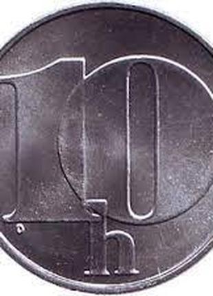 Монета 10 геллеров. 1992-98 год, Чехословакия. (БЖ)