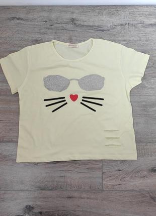Кроп топ лимонный хлопок укороченная женская футболка с кошачь...