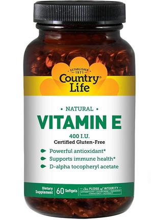 Витамин E 400 МЕ, Vitamin E, Country Life, 60 гелевых капсул