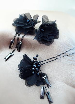 Лучія 2 чорний комплект  сережки шпилька квітка ланцюжок чорний