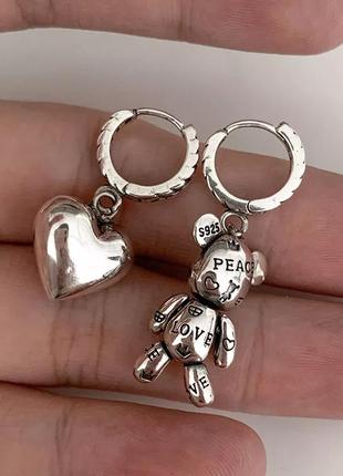 Сережки ведмедик серце срібло 925 покриття сережки кільця з під.