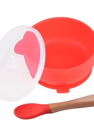 Тарелка силиконовая на присоске с ложкой и крышкой красная