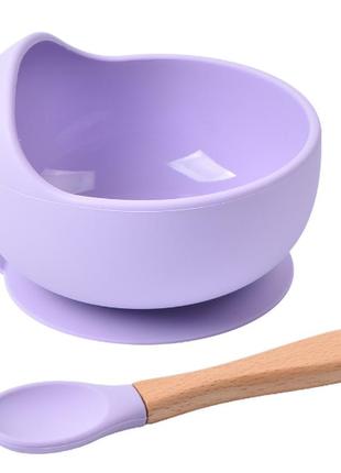 Тарелка силиконовая на присоске с ложкой фиолетовая