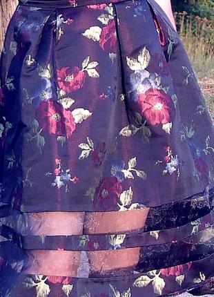 Пышная  юбка в цветы с прозрачным низом юбка-колокол миди в розы