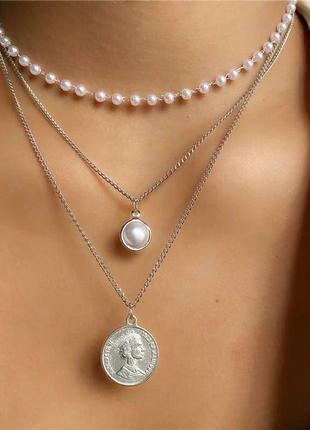 Тройное украшение на шею подвески цепочка жемчужное ожерелье с...
