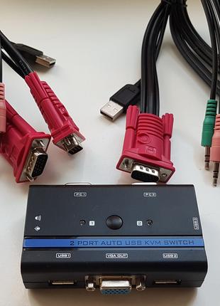 Коммутатор 2-портовый KVM свич, 2 кабеля USB-KVM - автоматичес...