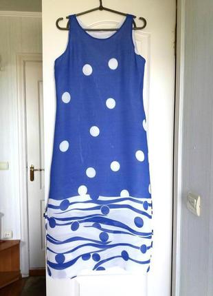 Продаю летнее синее платье в белый горох, длина миди, размер.м