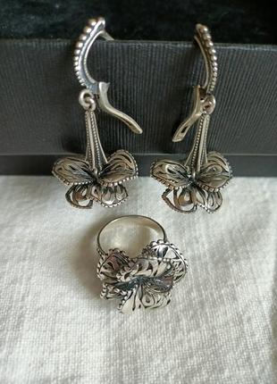 Набор - серьги, кольцо- серебряный серебро 925