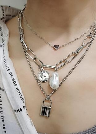 Женское многослойное ожерелье в стиле Хип-хоп в серебряном цвете.