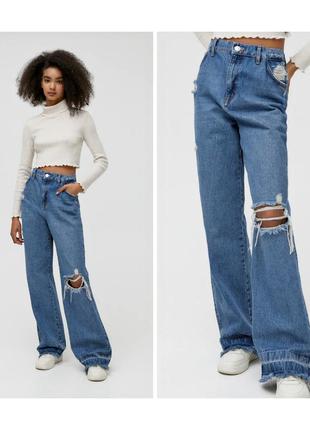 Широкие джинсы с защипами джинсы с высокой пасоккой талией жен...