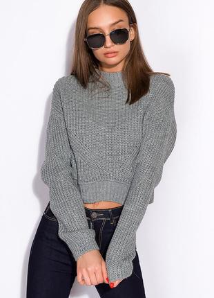 Короткий женский  свитер кроп шерсть крупная вязка серый 42-44