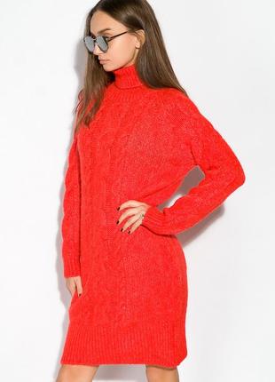 Теплый женский свитер платье оверсайз крупная вязка красный 42-46