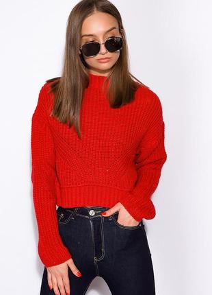 Молодежный свитер кроп топ крупная вязка красный 40-44