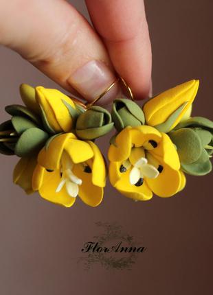 Серьги ручной работы "желтые тюльпаны с фрезиями"