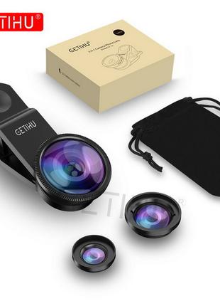 Набор линз для смартфона 3 в 1 Macro, Wide-angle, Fisheye lens...
