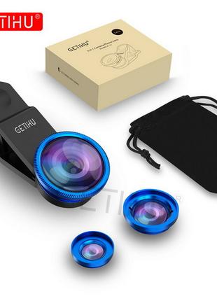 Набор линз для смартфона 3 в 1 Macro, Wide-angle, Fisheye lens...