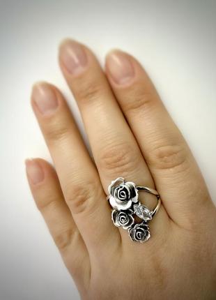 Серебряное кольцо роза букет