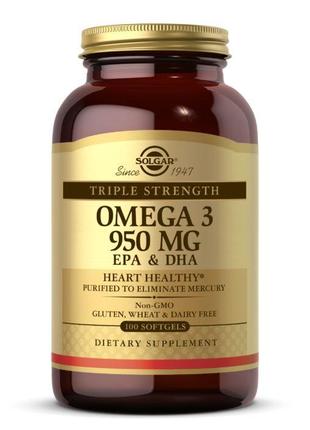 Жирні кислоти Solgar Triple Strength Omega 3 950 mg, 100 капсул