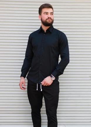 Чёрная классическая мужская рубашка приталенная | 100% хлопок