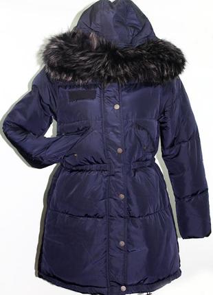 Детское зимнее пальто на девочку подростка синее 158-164