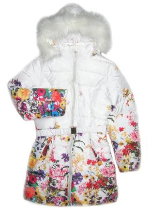 Детское зимнее пальто на девочку, белый цветок