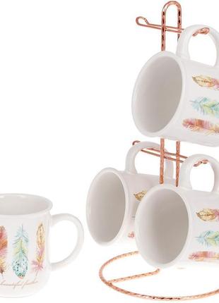 Набір 4 керамічні чашки "Перо жар-птиці" 320мл на підставці