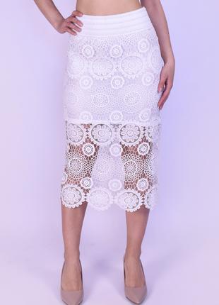 Летняя кружевная юбка - карандаш (удлиненная), белая Код/Артик...