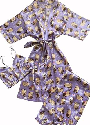 Шелковый комплект халат и пижама топ с штанами разные
